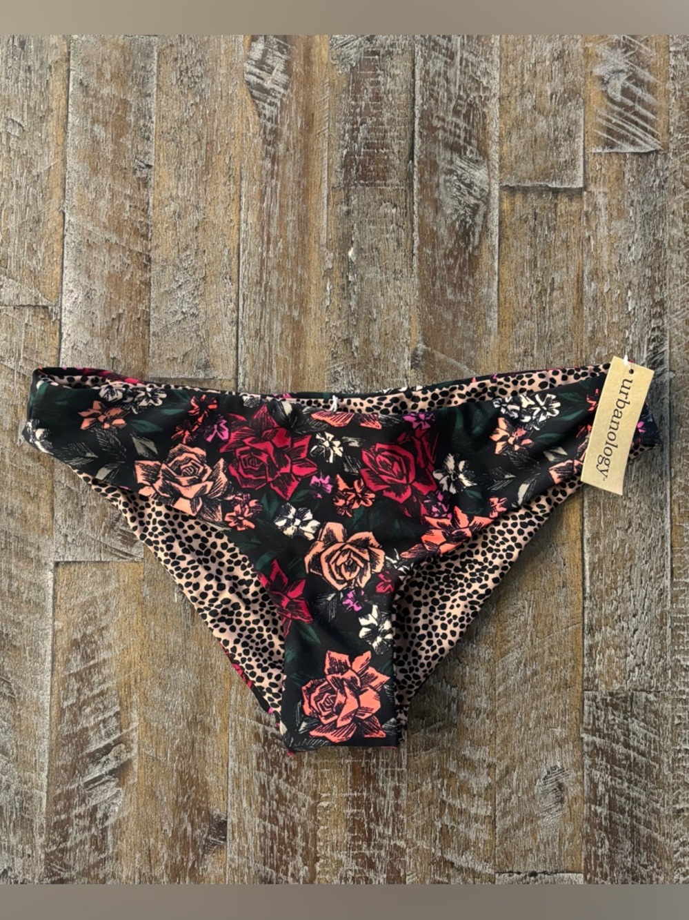 NWT Urbanology Floral + Leopard Bikini Bottom Black Pink Green Roses Size M